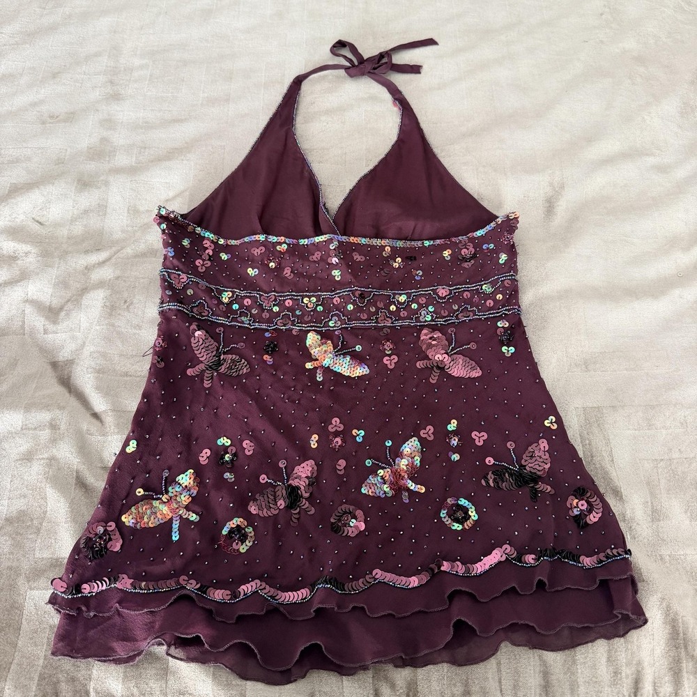 VTG Y2K Bebe Sequin Butterfly Tank Top S Purple Halter Chiffon Party Cami Beaded - Picture 2 of 12